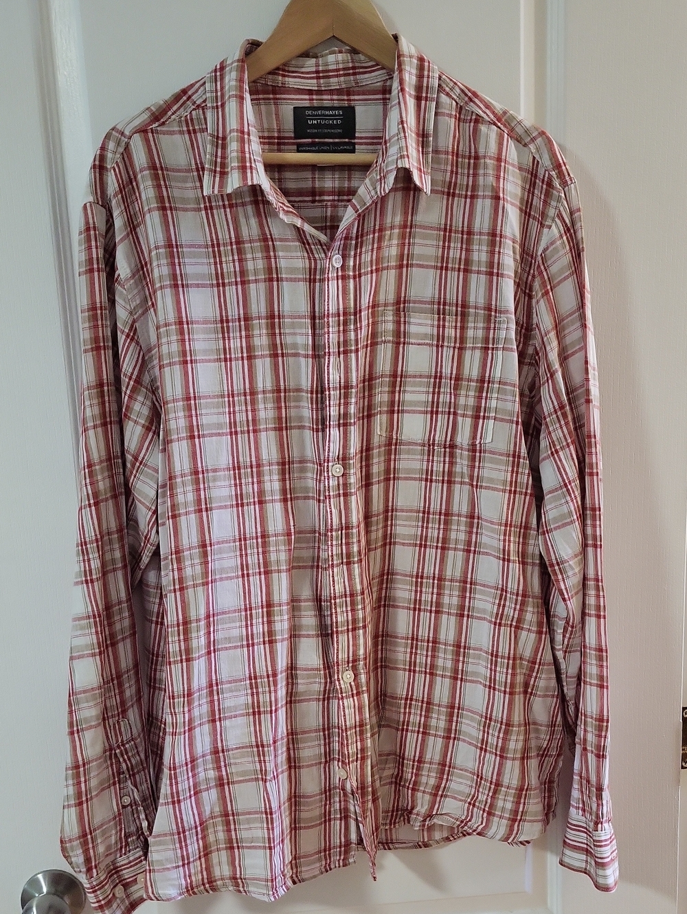 Denver Hayes Red and White Plaid Long-Sleeve Button-Down Shirt